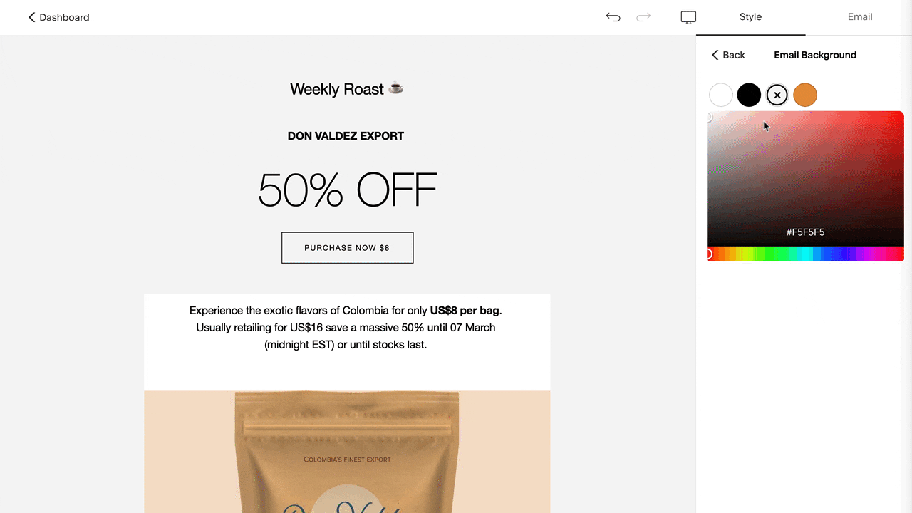Customize Squarespace email campaign background color