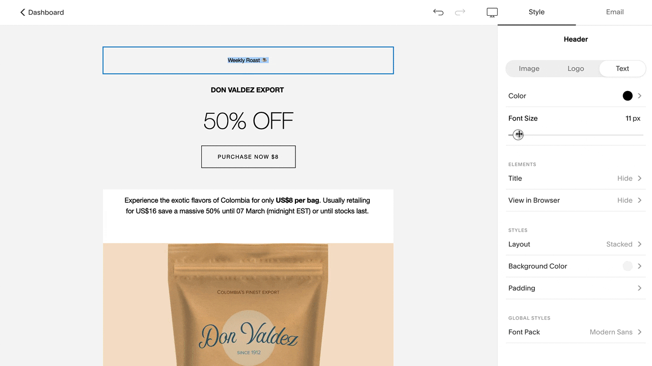 Resizing Squarespace email campaign content