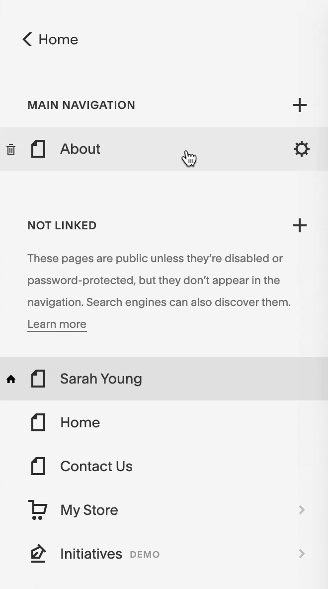 Removing a link from the Squarespace navigation